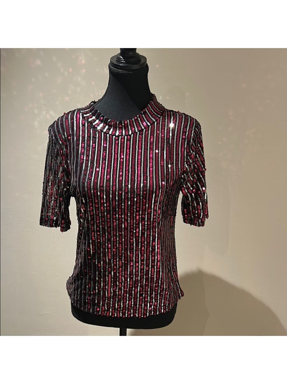 Suzy Shier Black and Red Sequin Party Top